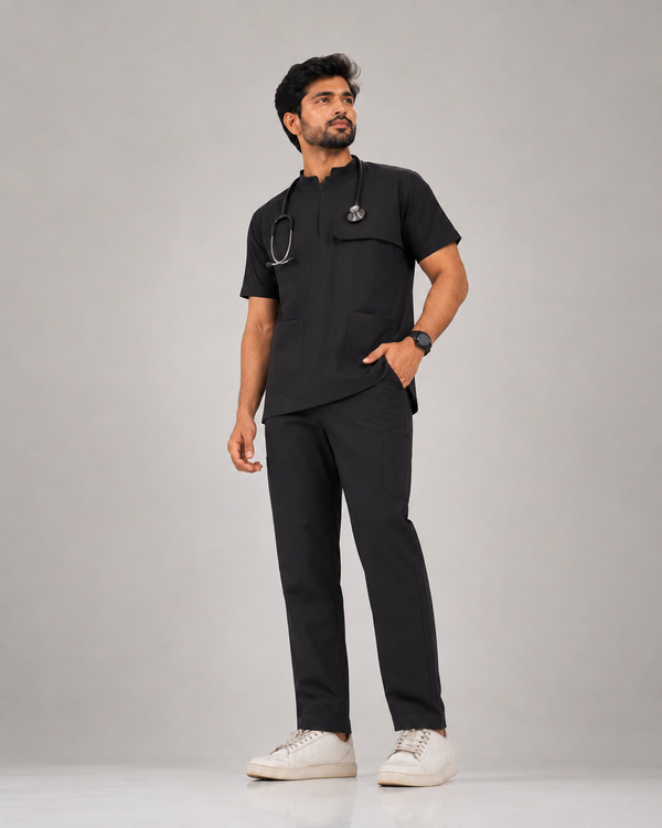 Cura Pro Men’s Mandarin Neck(2-Way Stretch) Scrub Black