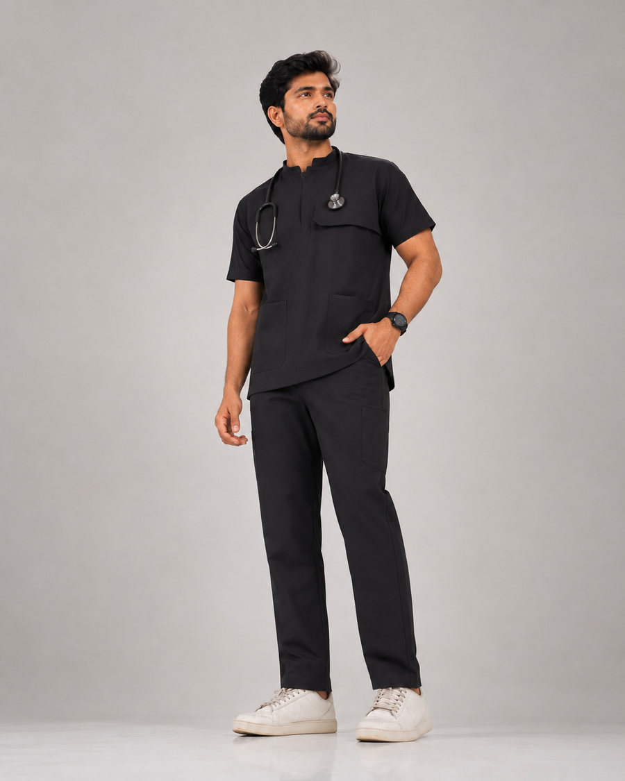 Cura Pro Men’s Mandarin Neck(2-Way Stretch) Scrub Black