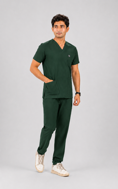 Cura Core Men's V- Neck Scrub - Dark Green