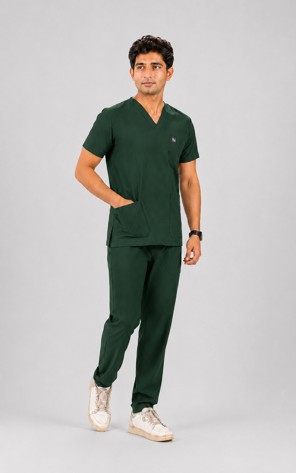 Cura Core Men's V- Neck Scrub - Dark Green