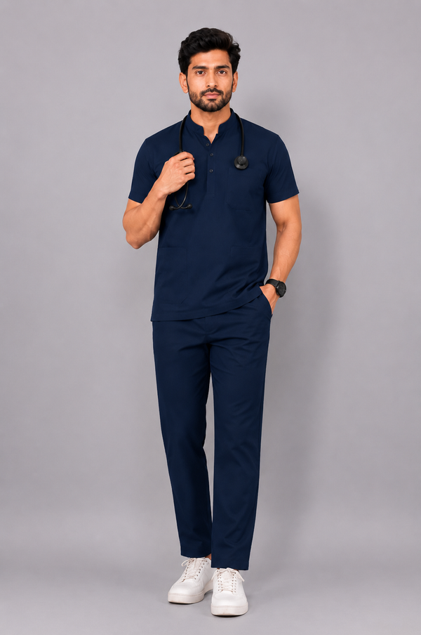 Cura Core Men's Mandarin Neck Scrub - Navy Blue