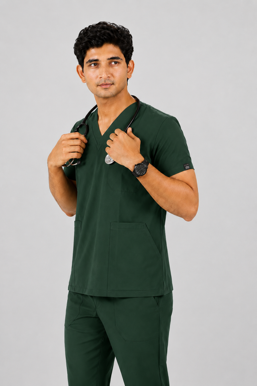 Cura Core Men's V- Neck Scrub - Dark Green