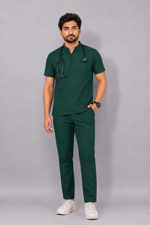 Cura Core Men's Mandarin Neck Scrub -Dark Green
