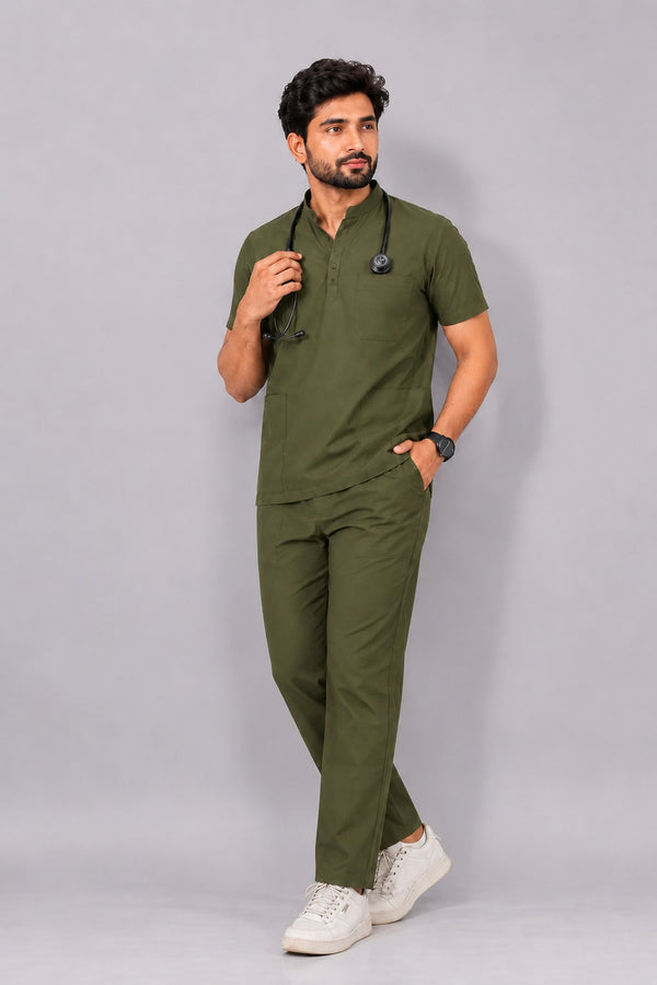 Cura Core Men’s Mandarin Neck Scrub - Olive Green