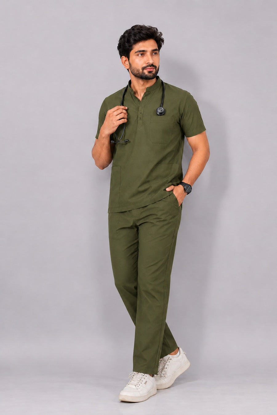 Cura Core Men’s Mandarin Neck Scrub - Olive Green