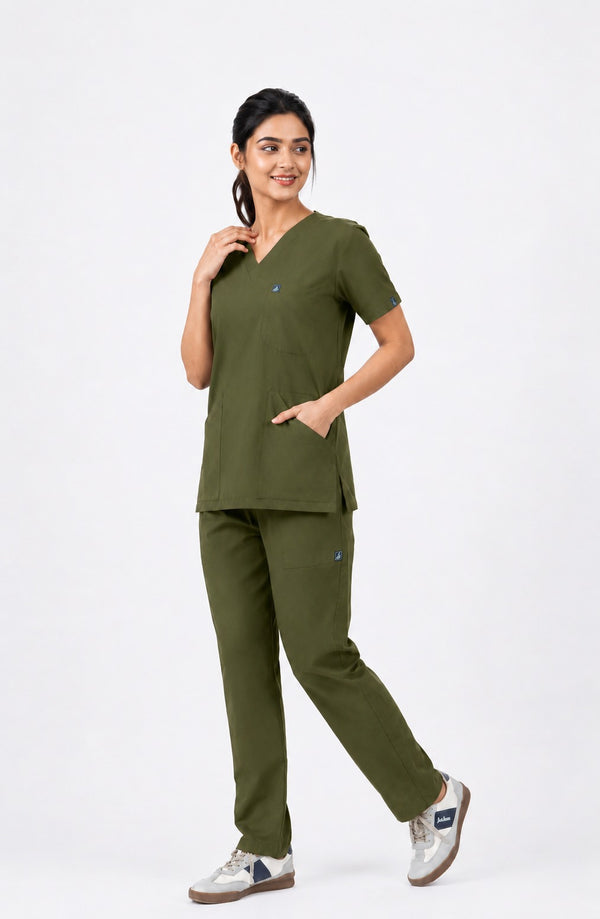 Cura Core Women's V- Neck Scrub - Olive Green