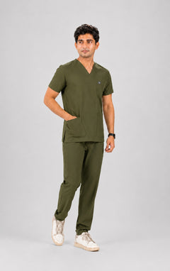 Cura Core Men's V- Neck Scrub - Olive Green