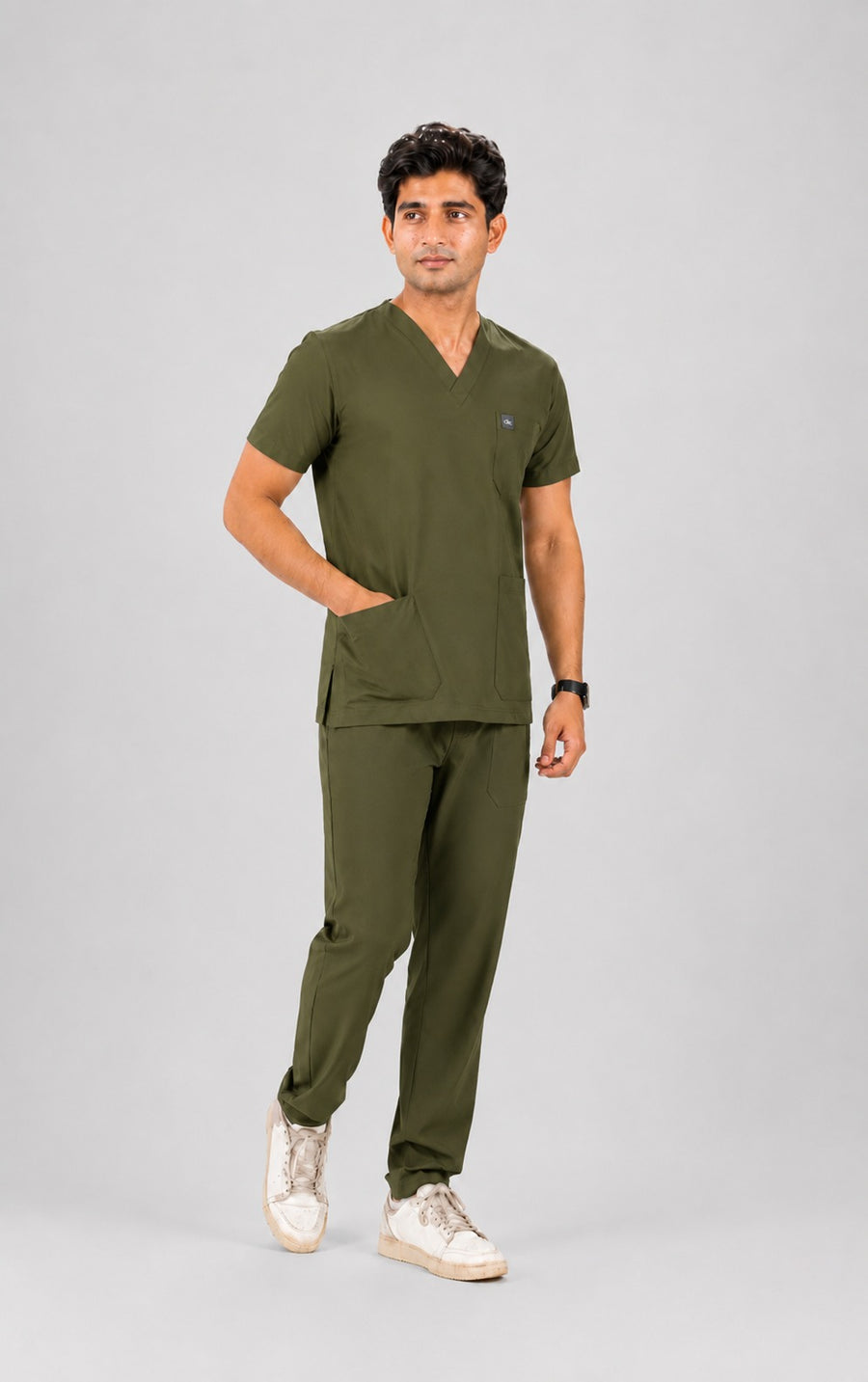 Cura Core Men's V- Neck Scrub - Olive Green