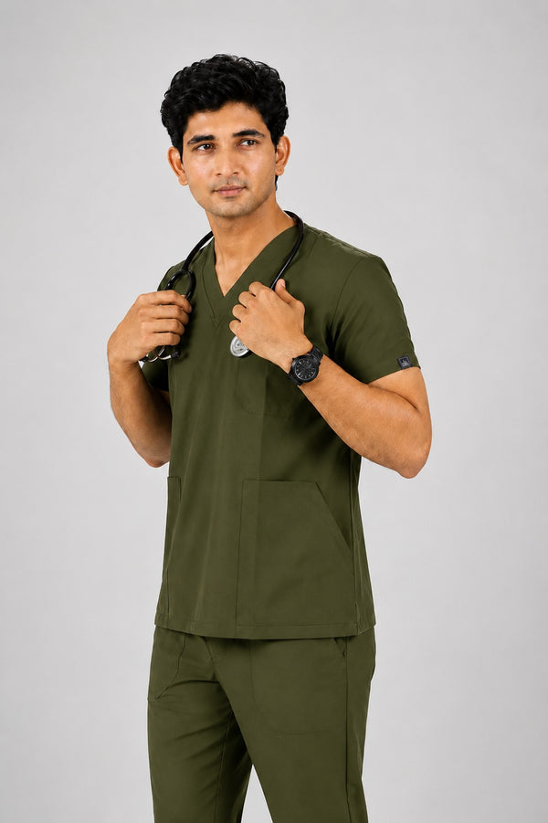 Cura Core Men's V- Neck Scrub - Olive Green