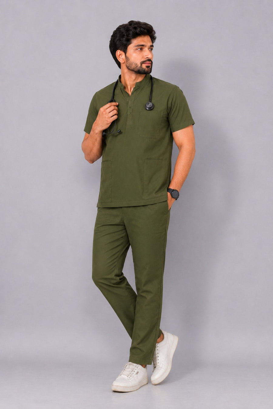 Cura Core Men’s Mandarin Neck Scrub - Olive Green