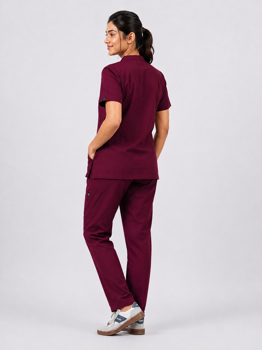 Cura Core Women's  Mandarin Neck Scrub -Maroon