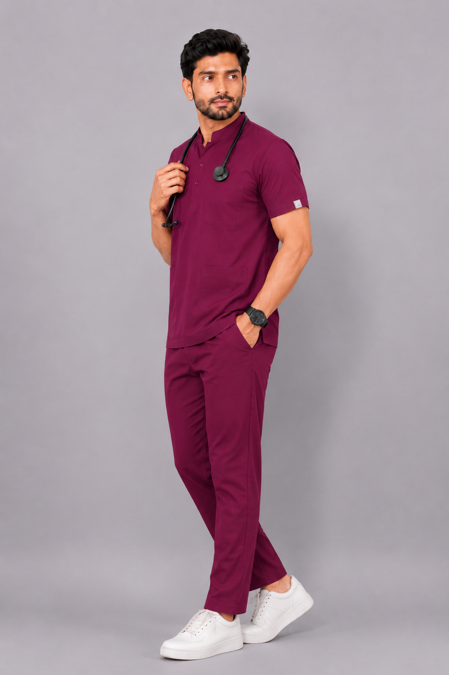 Cura Core Men's Mandarin Neck Scrub - Maroon
